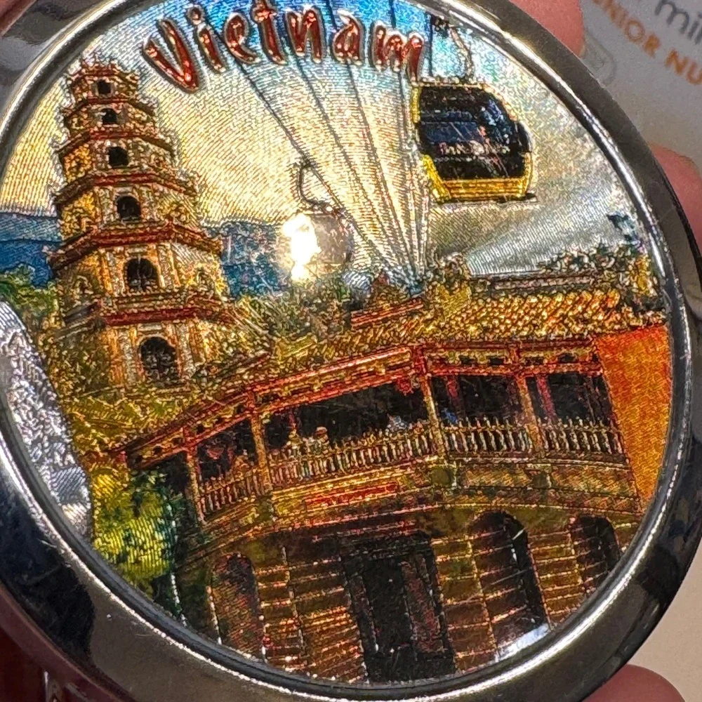 Vietnam Souvenir Compact Mirror Silver Tone‎ Folding Dual Mirror 3D Relief Art